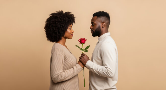 Romantic Black couple holding a red rose against a beige background. Young African American man and woman looking into each other's eyes. Valentine's Day concept