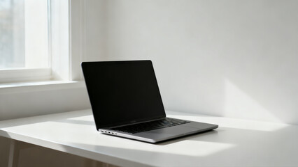 Fototapeta premium Minimalist desk setup with a laptop on a white table near a window, bathed in natural light