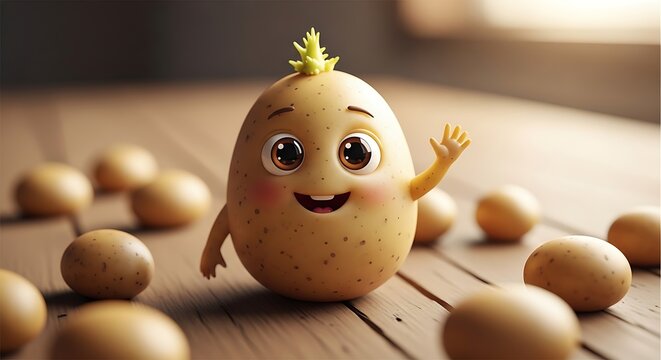 A cartoon potato character, with a sprout, brown eyes, and rosy cheeks, waving hello on a wooden floor, surrounded by other potatoes