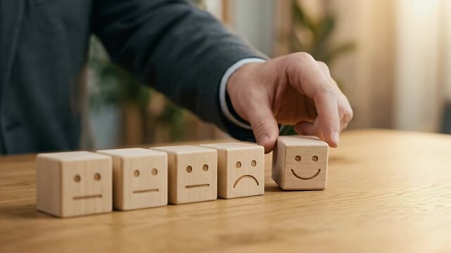 Professional hand lifting a wooden cube with a smiling face from a row of neutral and sad expressions, subtle upward motion highlighting positive choice as warm light glows across the table, static cl
