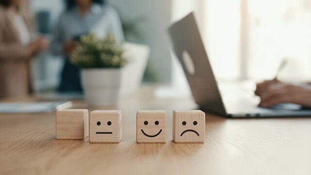 Close-up of a hand selecting a wooden cube with a smiling face icon among neutral and sad faces on a table, subtle downward placement of the positive cube, warm soft lighting with shallow depth of fie