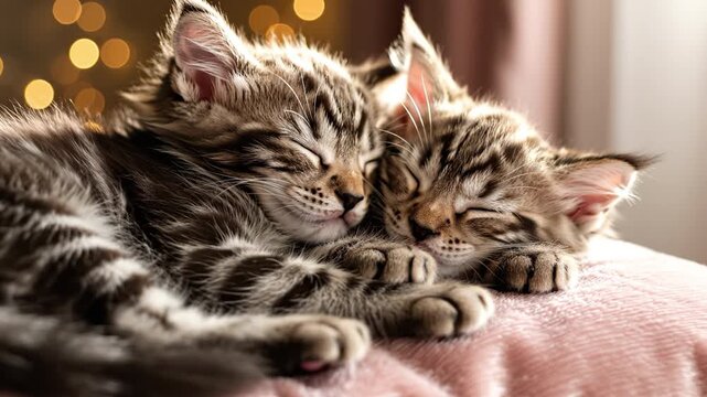 Sleeping kitten pair cuddling pink blanket with warm soft light cozy home interior, fluffy striped tabby cat resting close up with soft fur affectionate pet scene, cute furry kittens pair warm