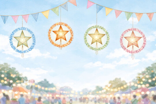Watercolor illustration of Khmer New Year celebration featuring traditional star lanterns and colorful bunting flags over a blurred festive crowd. Bright, joyful atmosphere with bokeh lights.