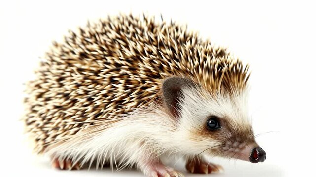 Small hedgehog stands on white background. Fur is light with brown spines. Eyes are dark and alert. Snout is pinkish, nose is black. Paws are tiny and soft. Body is rounded, compact and curious