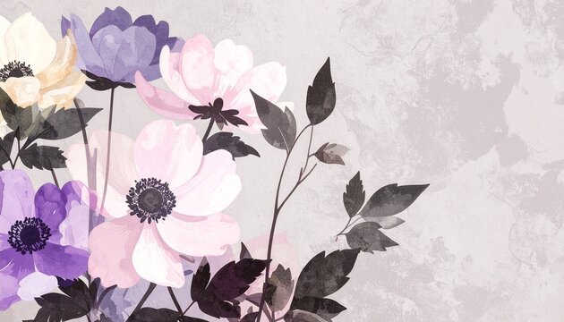 watercolor anemone flowers botanical illustration with soft texture and pastel tones