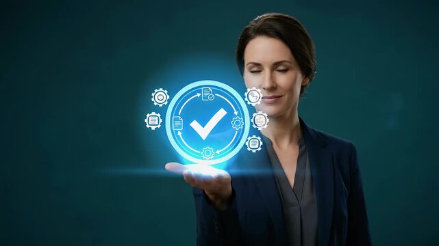 Medium close-up of a professional holding an open palm while a glowing blue check mark icon encircled by document and gear symbols hovers above, slow steady push-in with dark teal background and soft 