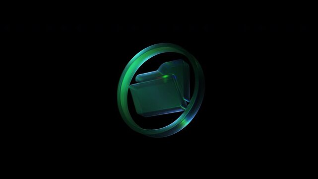 Glassy green folder icon rotating in darkness