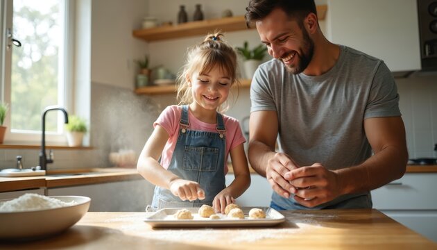 Father and daughter bake cookies in a bright kitchen. They laugh and smile while placing dough balls on a baking tray. Flour dusts the air around them creating a happy domestic scene.
