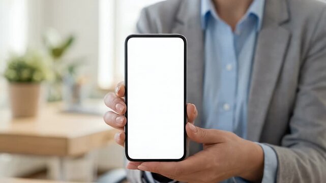 Close-up of a person holding a smartphone with a blank white screen toward the camera, static framing with soft natural indoor lighting and shallow depth of field, realistic corporate mobile app prese
