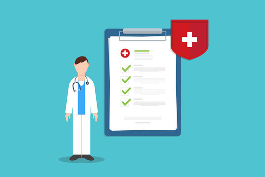 Health Insurance Approval Concept with Doctor Checklist and Medical Protection Shield
