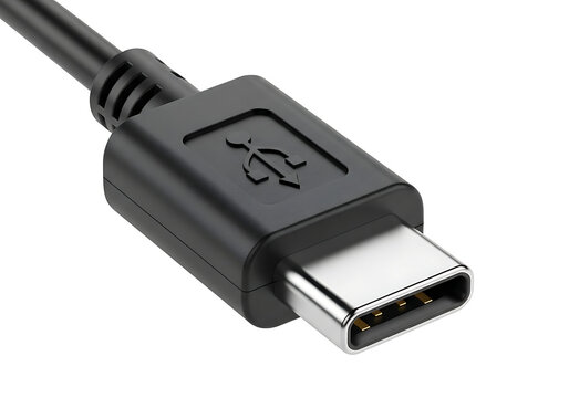 Close up of a black usb type-c connector cable isolated on a white background