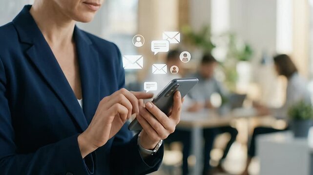 A professional woman interactively uses her smartphone, with animated messaging icons appearing, as the camera slowly pans across a modern office space, creating a dynamic and engaging business atmosp
