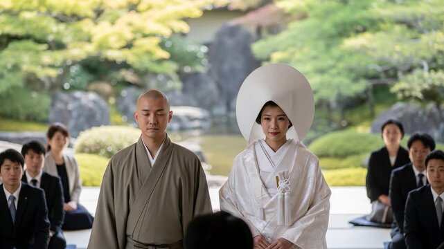 寺院で行う仏前結婚式 和装の新郎新婦と厳かな挙式