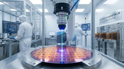 Robotic arm precisely inspecting a semiconductor wafer in a high tech advanced manufacturing cleanroom lab