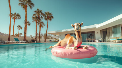 Obraz premium Camel lying on pink inflatable ring in swimming pool with villa background, luxury vacation and summer humor concept