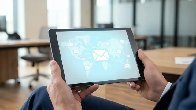 Close-up of hands holding a tablet while a glowing envelope icon appears in the center with smaller mail icons connected around it over a faint world map, steady centered framing with soft natural lig