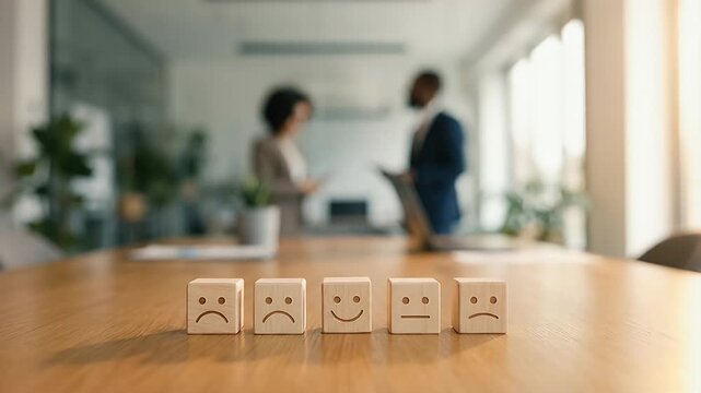 Professional hand lifting a wooden cube with a smiling face from a row of neutral and sad expressions, subtle upward motion highlighting positive choice as warm light glows across the table, static cl