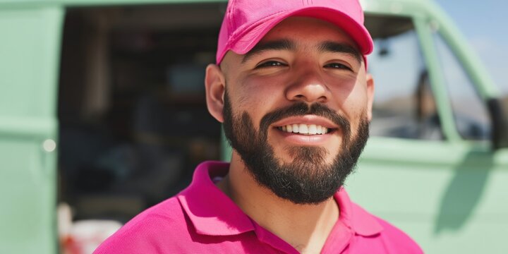 Smiling hispanic male adult delivery driver in pink polo and red cap standing near a mint green van with bright cheerful expression