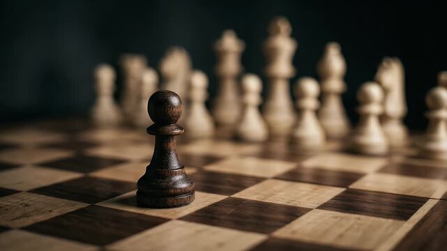 Dramatic close-up of a single dark pawn standing ahead of blurred white chess pieces on a chessboard, moody lighting with shallow depth of field and slow cinematic push-in in realistic business strate