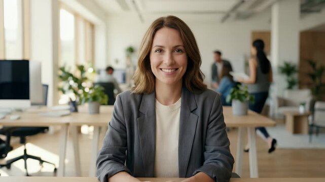 In a modern office setting, a professional woman smiles warmly while seated at her desk, complemented by a slow pan camera motion, showcasing a vibrant workplace atmosphere with gentle ambient movemen