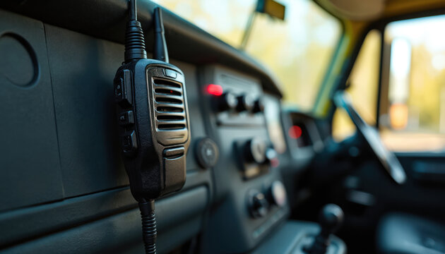 Handheld radio microphone hangs from ambulance dashboard. Vehicle interior controls blurred background. Emergency responder communication device ready for urgent calls and vital mission.