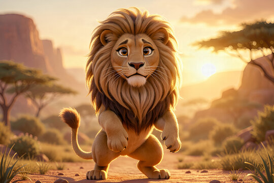 Charming Cartoon Lion in Golden African Sunset Landscape
