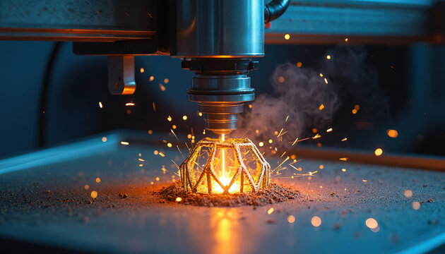Metal 3D printing creates complex part. Laser melts powder layer by layer. Sparks fly during automated industrial process. Precision fabrication.