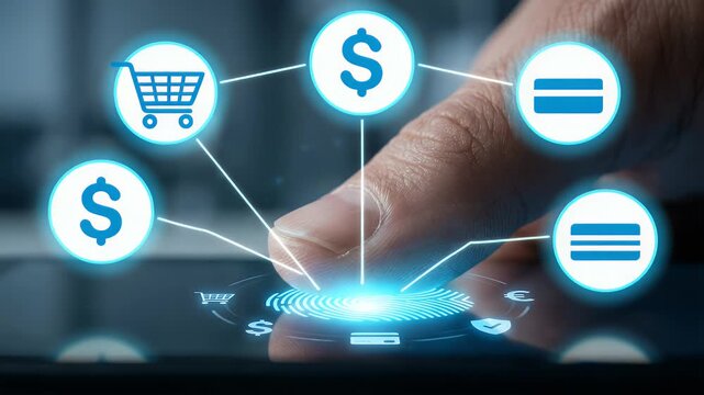 Extreme close-up of a thumb pressing forward as a luminous fingerprint interface activates over the tip, small commerce and finance icons orbiting the print, static framing with a slow push-in camera 