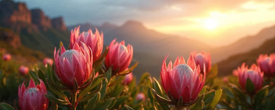 Close-up pink protea blooms on mountain slope at sunset. Soft golden light illuminates petals and green leaves, creating serene natural landscape. Exotic flora glows.