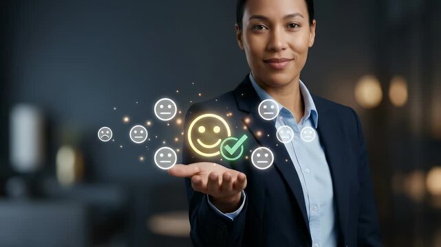 Engaging business professional demonstrating emotional intelligence with animated icons, slow pan camera movement, in a cinematic style, highlighting positivity and connection in the workplace.