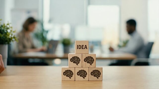 Capture the dynamic assembly of wooden blocks labeled IDEA in a professional workspace, featuring a steady tracking shot and gentle ambient motion, evoking a cinematic atmosphere of innovation and col