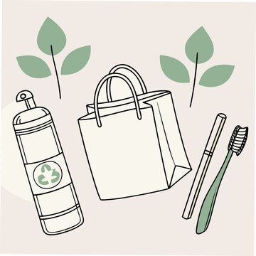 A minimalist vector illustration of eco-friendly bathroom essentials and a shopping bag