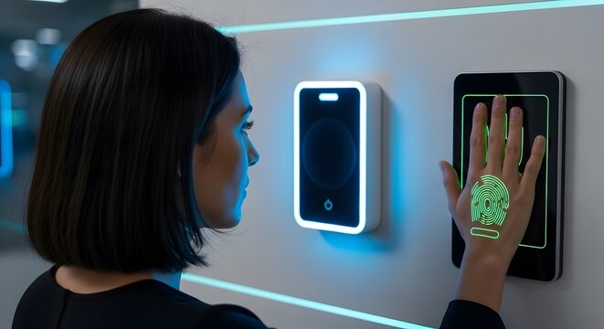 Futuristic Woman Using Biometric Hand Scan at Access Panel