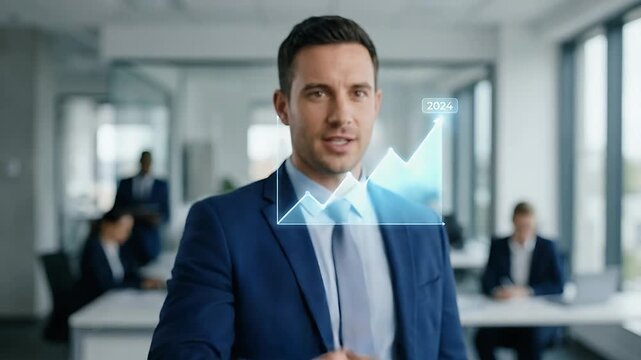 Close-up of a professional pointing forward as a translucent upward trending chart and highlighted year marker appear in front of the finger, subtle fingertip movement aligning with the graph, static 