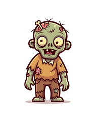 Naklejka premium Cute cartoon zombie character with green skin, tattered clothes, and a bone in its head standing upright.