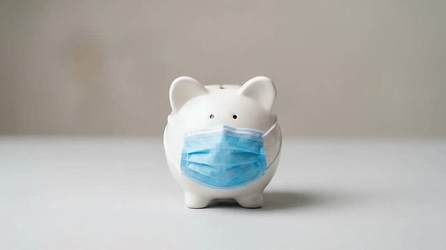 Capture a cinematic scene of a piggy bank wearing a blue mask, slowly panning across the minimalist background, evoking themes of financial security and health awareness in uncertain times.