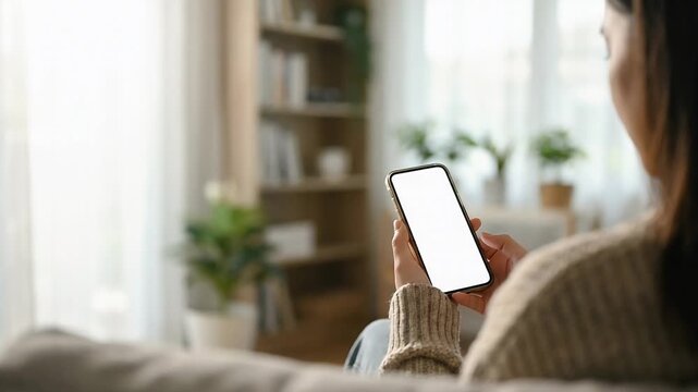 A woman interacts with a smartphone in a cozy living room, as gentle ambient motion creates a serene atmosphere; captured with a slow pan for a cinematic, lifestyle video experience.
