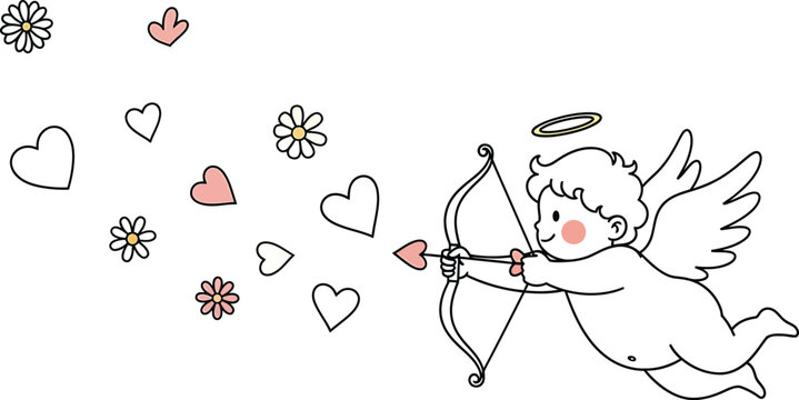 Cute cherub angel shooting heart arrow with wings and halo, surrounded by hearts and flowers