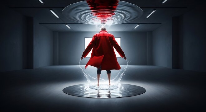 Man in Red Coat Standing in Futuristic Portal with Rippling Energy.