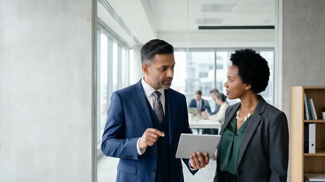Focused Indian CEO and female African American financial manager collaborating on investment strategies using a tablet while standing in a modern office. Layout supports ample copy space.