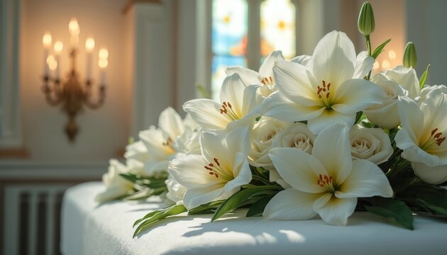 White lilies and roses adorn a coffin top. Funeral flowers rest inside a dimly lit room with stained glass windows and candles. Sorrowful ceremony marks a solemn goodbye, peace and respect.