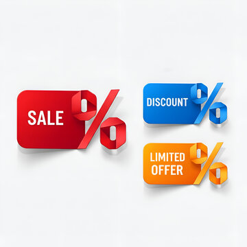 Set of colorful sale, discount, and limited offer banners with percentage signs.