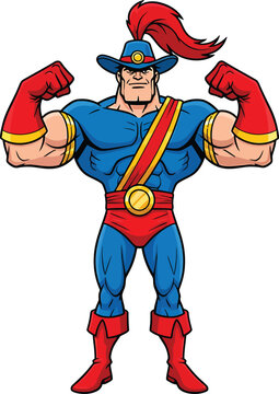 Superhero character in blue and red costume flexing muscles, cartoon vector illustration