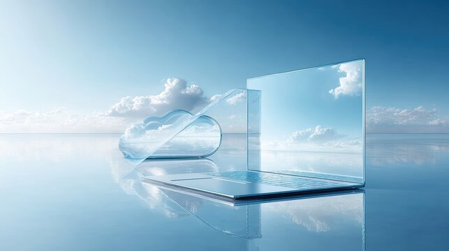 Transparent laptop with cloud icon on reflective surface in blue sky concept for cloud computing