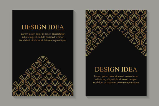 Modern geometric luxury black backgrounds for business or greeting cards with golden arches in art deco style.