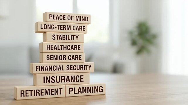 Illustrate retirement planning and insurance through stacked wooden blocks representing senior care and financial security, set against a clear background providing ample copy space.