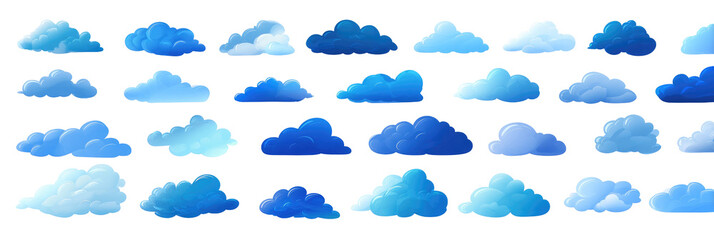 Fototapeta premium Cartoon clouds on a black background in various shades of blue with white outlines arranged in rows