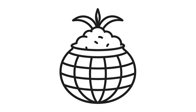 A black and white stylized illustration depicts a spherical vessel adorned with grid lines, topped with organic-looking matter and leaves