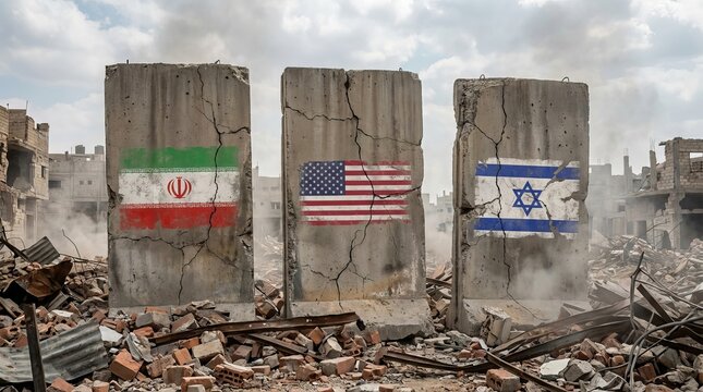 Iran USA Israel flags painted on cracked concrete barriers standing in a war torn city representing geopolitical conflict and tension
