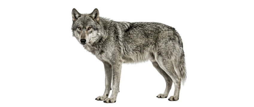 Gray wolf standing alert on white background